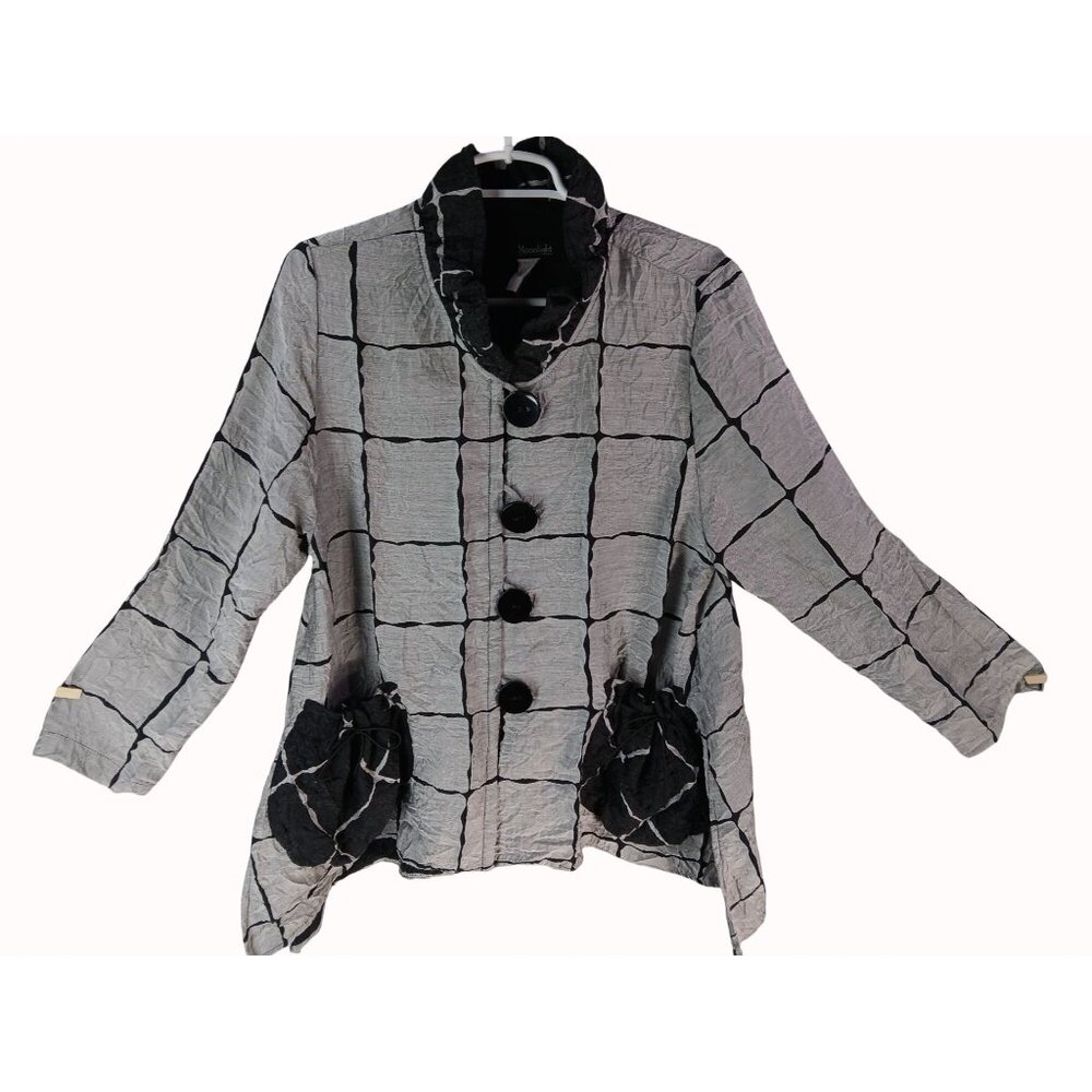 Moonlight Y&S Womens Crinkle Gray Black Grid Button Jacket Size L Pouch Pockets - Picture 2 of 16
